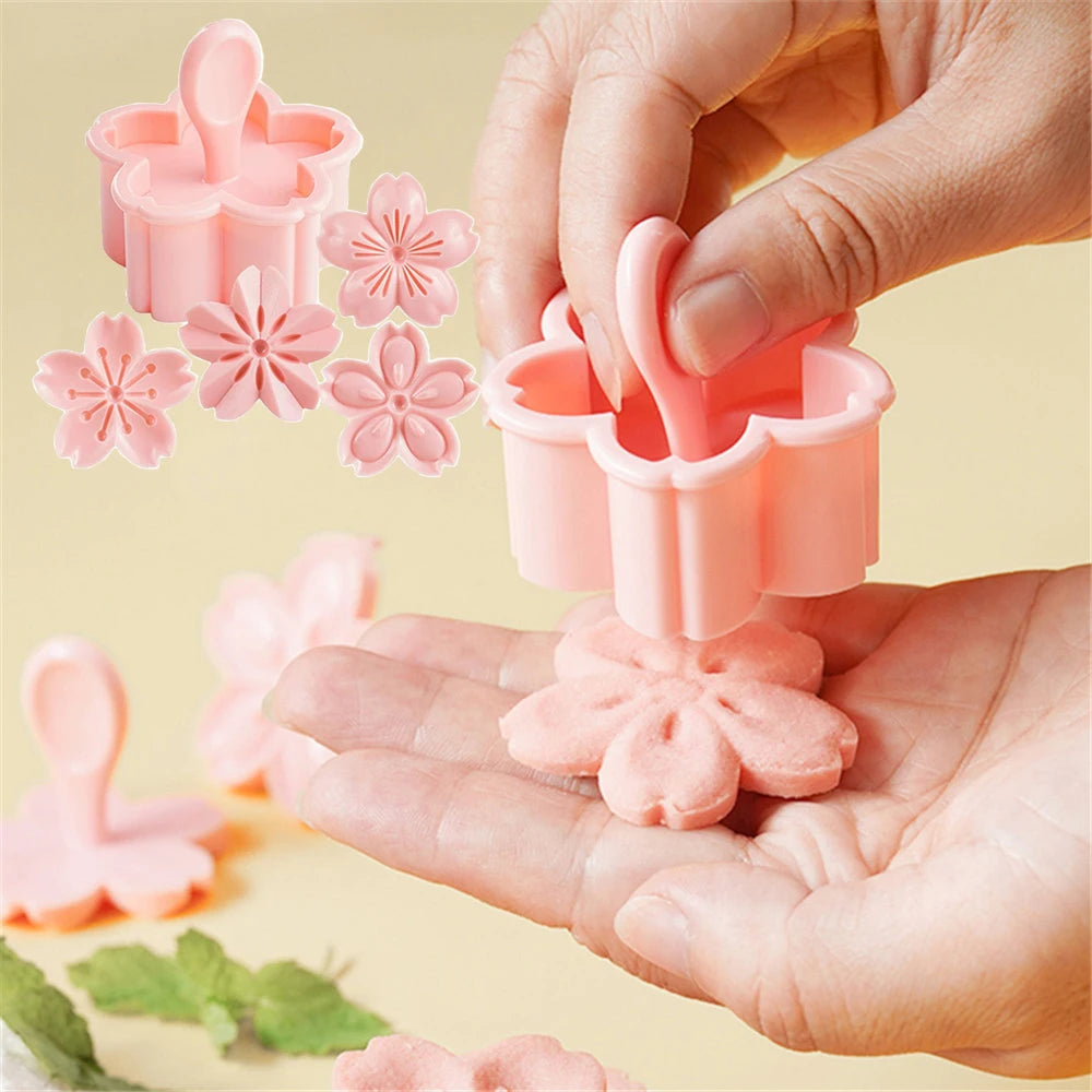 5-Piece Sakura Cherry Blossom Cookie Cutter & Stamp Mold Set – Floral Biscuit & Fondant Baking Tool