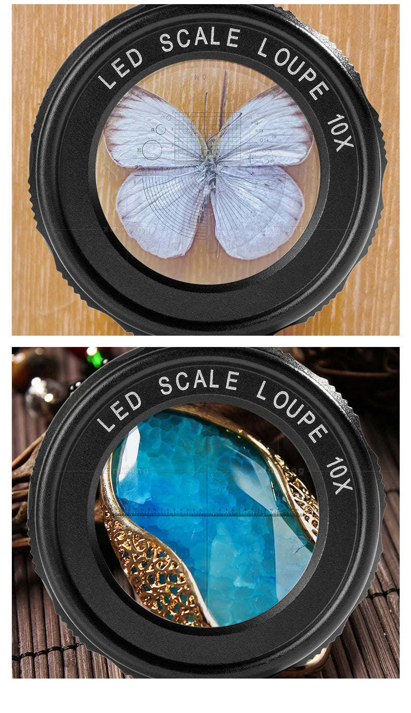 10X Full Metal Cylindrical Measuring Scale Usb Rechargeable Optical Magnifying Glass Six Led Lights with Cloth Bag Loupe Peaceful Pleasures Health and Wellness
