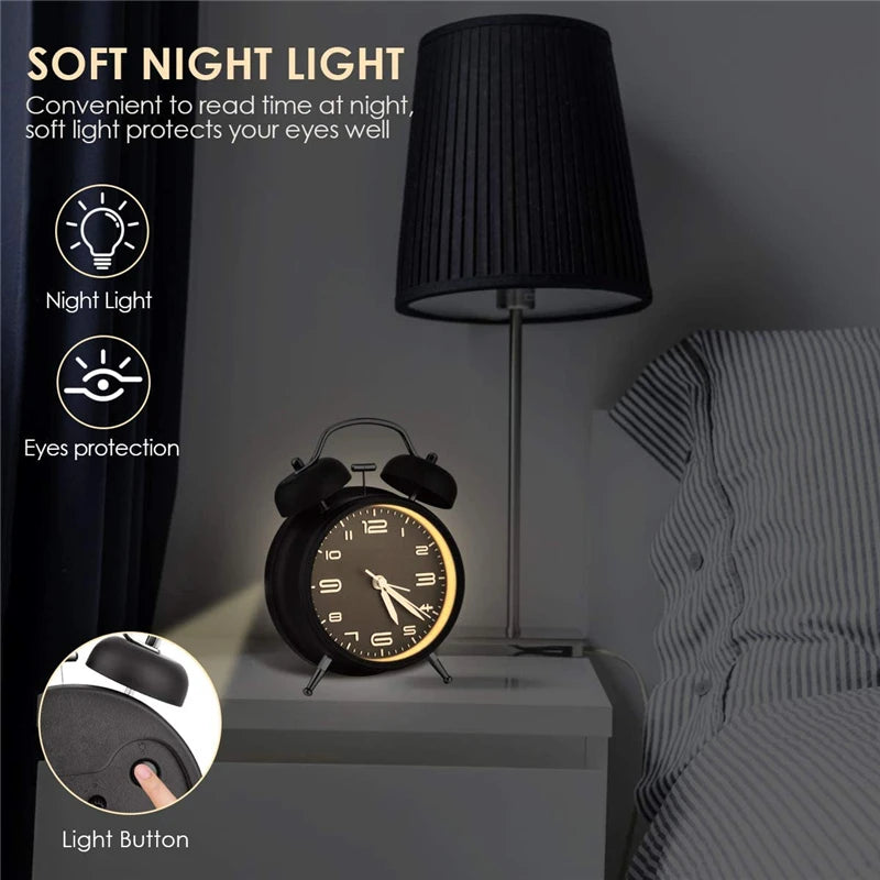 4 Inch Twin Bell Loud Alarm Clock Metal Frame 3D Dial with Backlight Battery Operate Desk Table Alarm Clock For Home and Office Peaceful Pleasures Health and Wellness