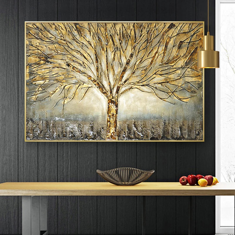 Gold Tree of Life Oil Painting Poster and Prints on Canvas Abstract Art Pictures Modern Wall Art For Home Living Room Decoration Peaceful Pleasures Health and Wellness