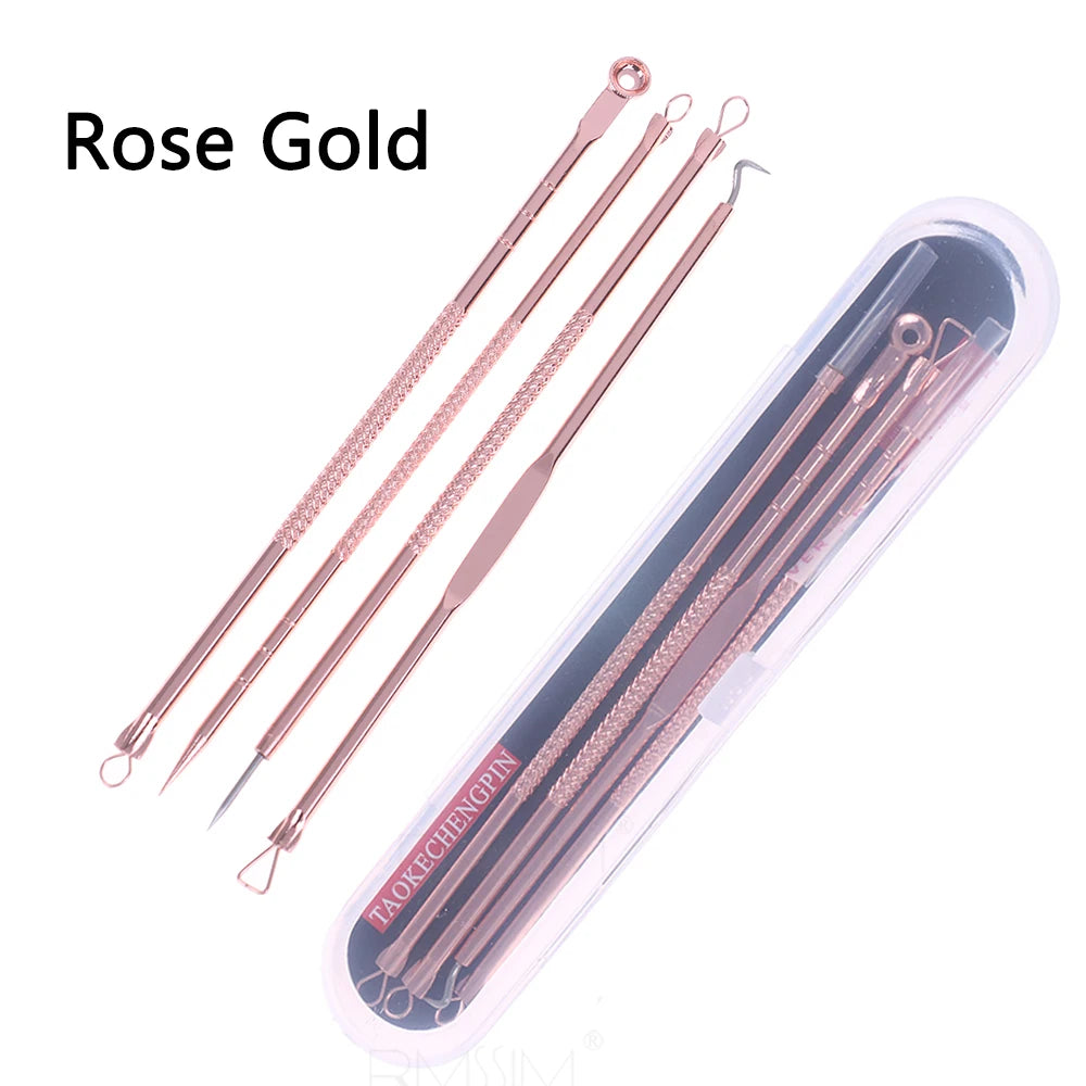 4pcs/set Blackhead Comedone Acne Pimple Blackhead Remover Tool Spoon for Face Skin Care Tool Needles Facial Pore Cleaner Peaceful Pleasures Health and Wellness Rose Gold