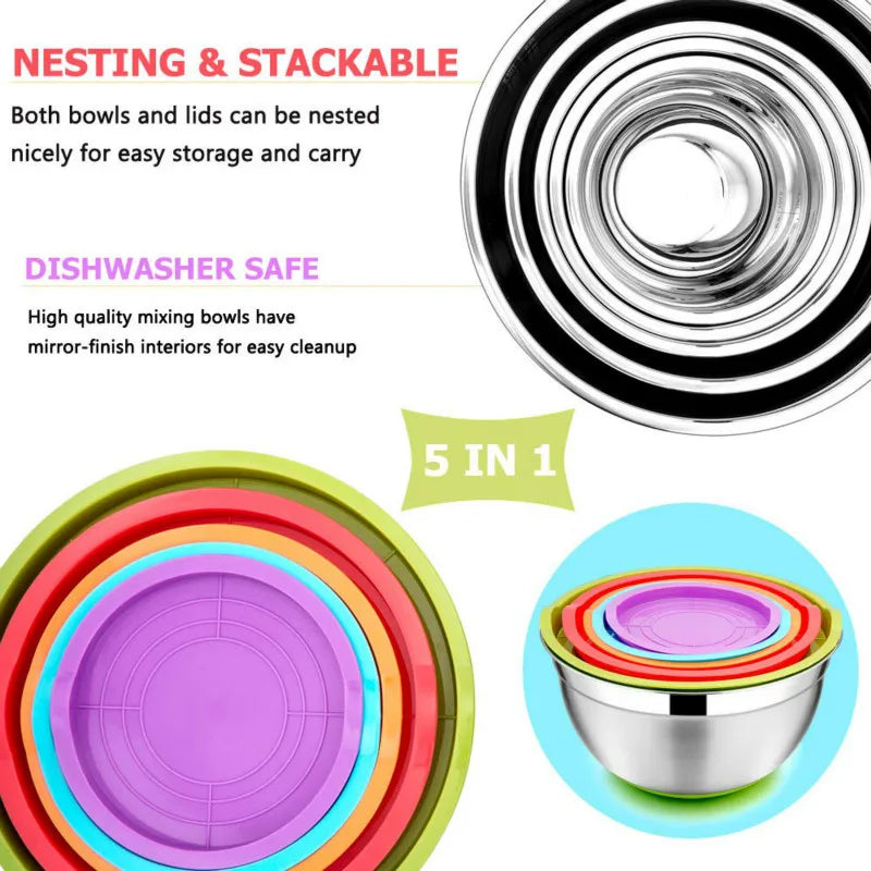 5 Pieces Stainless Steel Mixing Bowls Metal Nesting Bowls with Colorful Airtight Lids Non-Slip Bottoms 18/20/22/24/26cm Diameter Peaceful Pleasures Health and Wellness