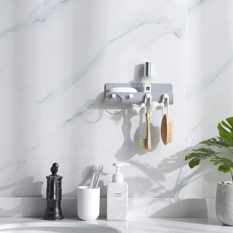 Nordic Adhesive Wall Shelf Rack with 4 Hooks – Punch-Free