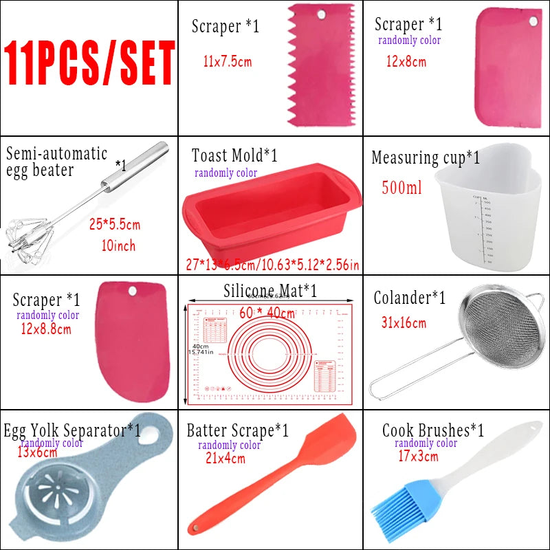 11-Piece Silicone Baking Set – Silicone Mat, Toast Mold, Egg Beater, Measuring Cup, Scraper & More