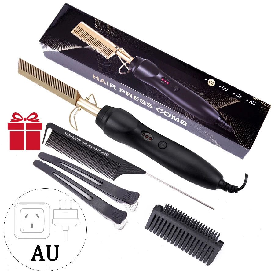 3 in 1 Hot Comb Straightener Electric Hair Straightener Hair Curler Wet Dry Use Hair Flat Irons Hot Heating Comb For Hair Peaceful Pleasures Health and Wellness Golden AU