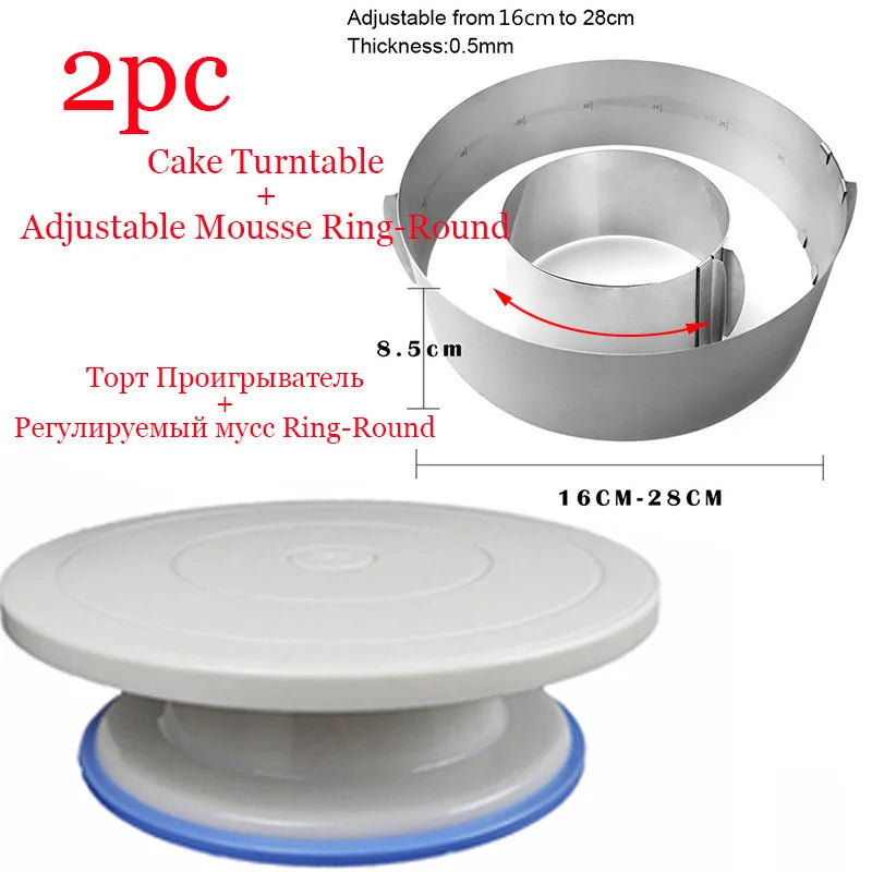 8-Piece Cake Turntable Decorating Set | Rotating Stand, Adjustable Mousse Rings, Spatulas & Scrapers