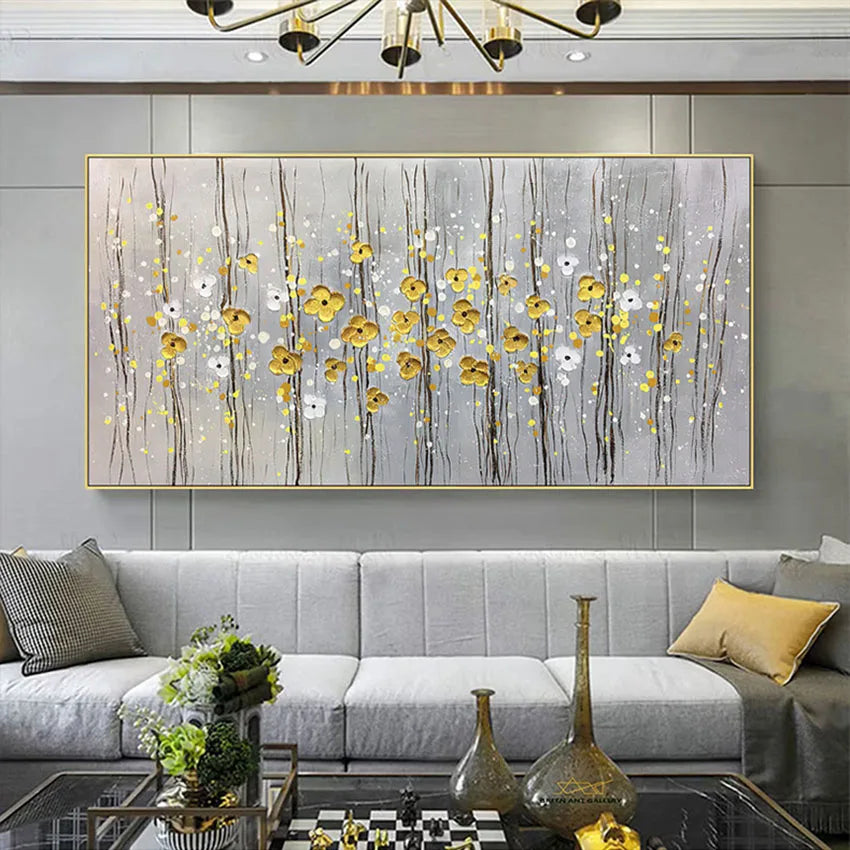 Nice Picture Money Golden Flowers Design Wall Art Poster For Home Deocr Hand Painted Oil Painting On Canvas For Living Room Sofa Peaceful Pleasures Health and Wellness