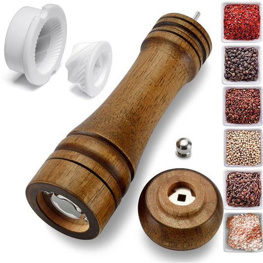4PC 10inch Classical Oak Wood Pepper Spice Mill Grinder Set Handheld Seasoning Mills Grinder Ceramic Grinding Core BBQ Tools Set Peaceful Pleasures Health and Wellness
