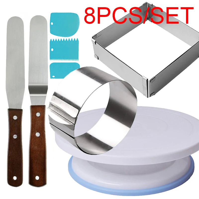 8-Piece Cake Turntable Decorating Set | Rotating Stand, Adjustable Mousse Rings, Spatulas & Scrapers