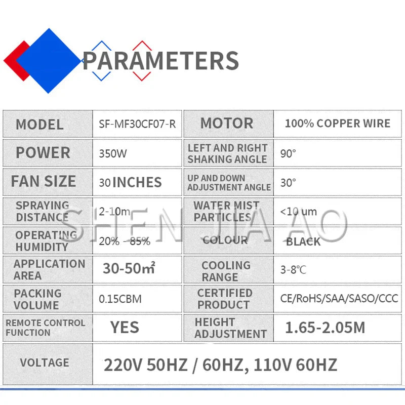 Industrial Water Mist Fan 350W Remote Control – 30" Atomizing