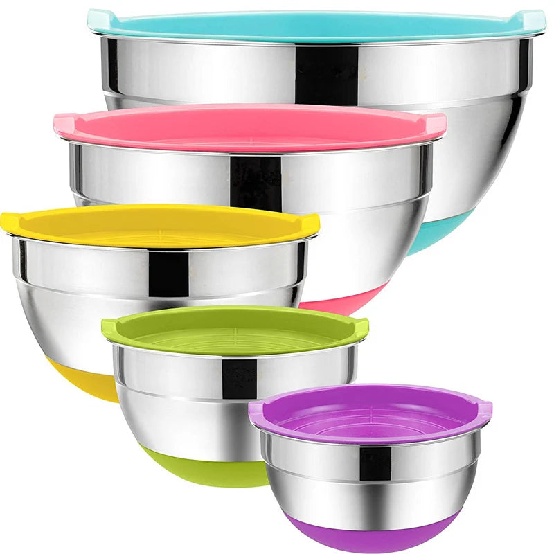 5 Pieces Stainless Steel Mixing Bowls Metal Nesting Bowls with Colorful Airtight Lids Non-Slip Bottoms 18/20/22/24/26cm Diameter Peaceful Pleasures Health and Wellness