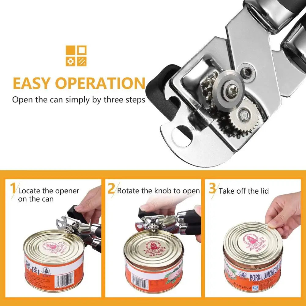 3-in-1 Professional Ergonomic Side-Cut Can Opener – Safety Smooth Cut, Non-Slip Handle, Stainless Steel
