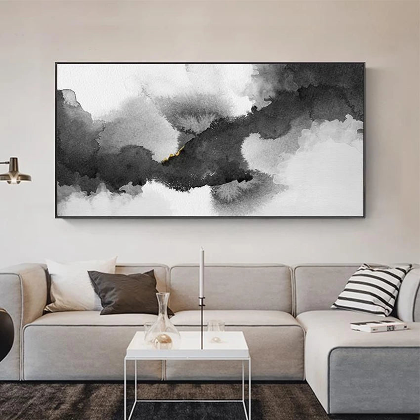 Nordic Modern Simple Living Room Abstract Handmade Oil Painting Sofa Background Wall Bedroom Home Decoration Black-White Poster Peaceful Pleasures Health and Wellness No frame 90cmx150cm