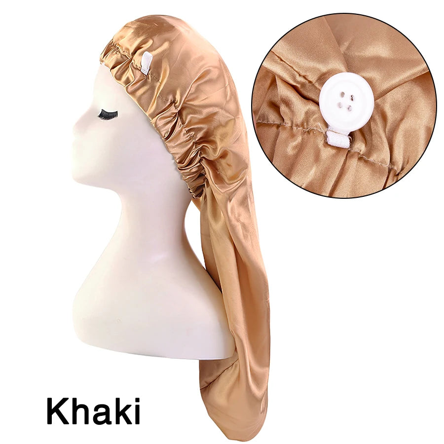 Long Sleep Cap For Women 1 Pack Large Soft Elastic Band Satin Bonnet For Braids Dreadlocks Long Curly Hair 12 Colors Choose Peaceful Pleasures Health and Wellness Khaki