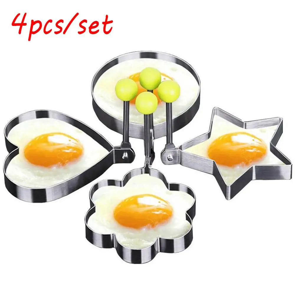 4-Piece Stainless Steel Egg & Pancake Shaper Mold Set – Flower, Heart, Circle & Star Shapes for Fun Family Cooking