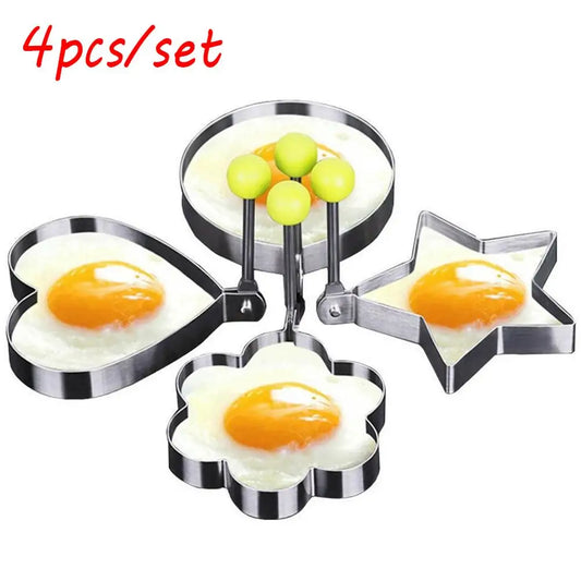 4-Piece Stainless Steel Egg & Pancake Shaper Mold Set – Flower, Heart, Circle & Star Shapes for Fun Family Cooking Peaceful Pleasures Health and Wellness