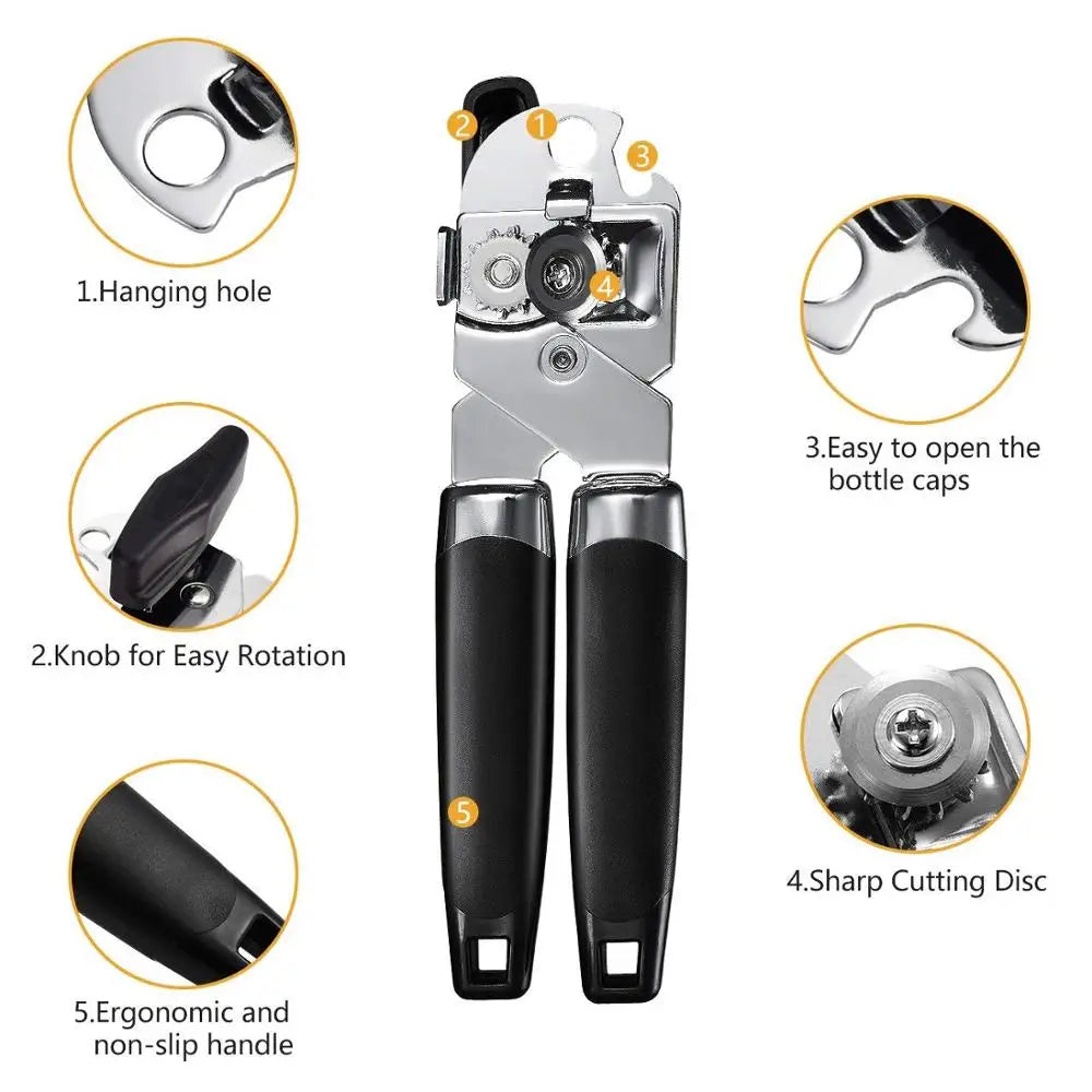 3-in-1 Professional Ergonomic Side-Cut Can Opener – Safety Smooth Cut, Non-Slip Handle, Stainless Steel