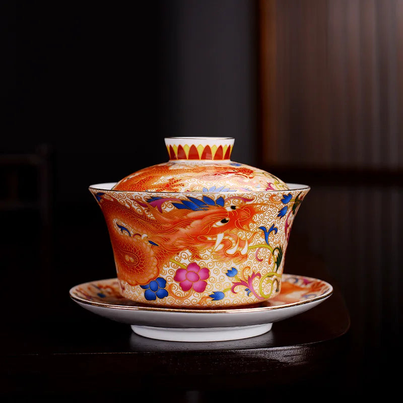 HMLOVE Enamel Sancai Gaiwan Large Capacity White Porcelain Cover Bowl