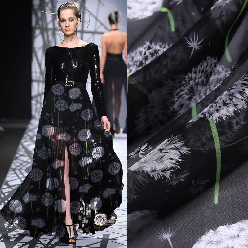 Dandelion Printed 100% Silk Chiffon Fabric 138cm | Dress Material