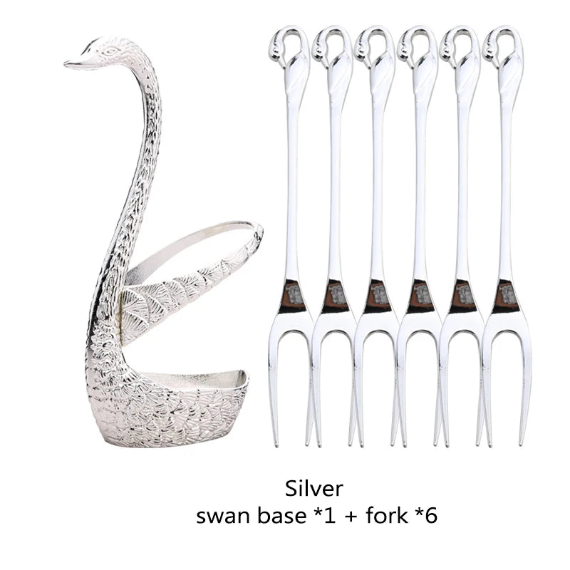 Swan Holder 7-Piece Dessert Fork & Spoon Set – Decorative Tableware for Wedding, Party & Home