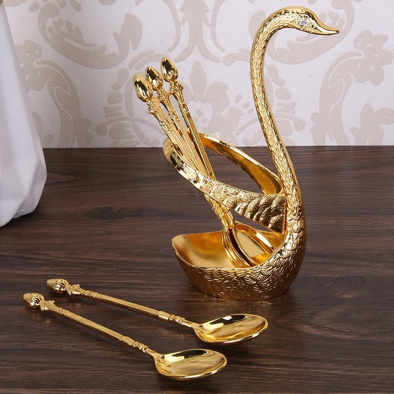 Swan Holder 7-Piece Dessert Fork & Spoon Set – Decorative Tableware for Wedding, Party & Home