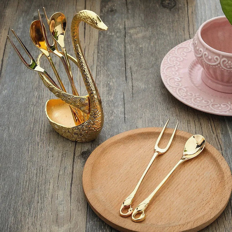 Swan Holder 7-Piece Dessert Fork & Spoon Set – Decorative Tableware for Wedding, Party & Home