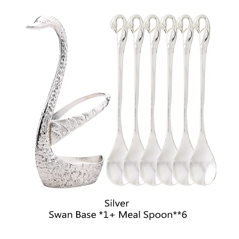 Swan Holder 7-Piece Dessert Fork & Spoon Set – Decorative Tableware for Wedding, Party & Home