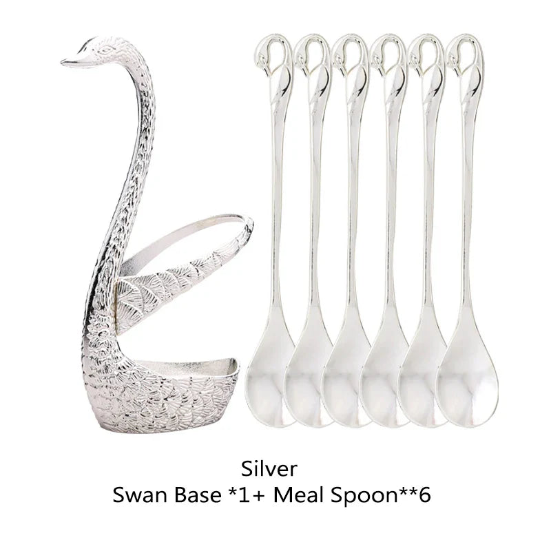 Swan Base Holder with Dessert Forks & Coffee Spoons Set