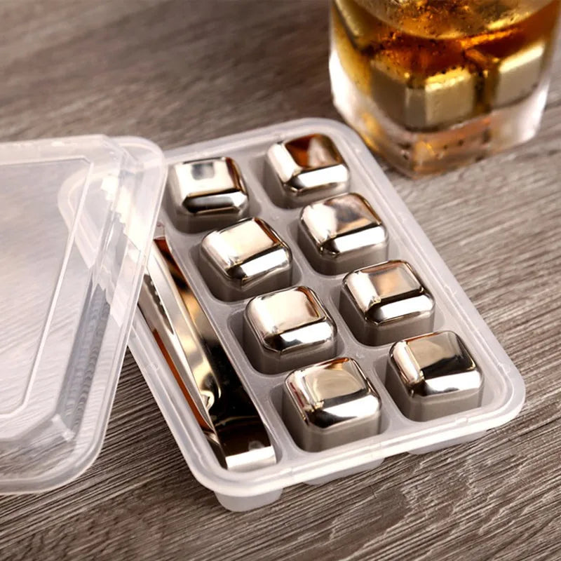 Reusable Stainless Steel Ice Cubes with Tongs & Storage Tray – Whiskey Chilling Stones for Drinks