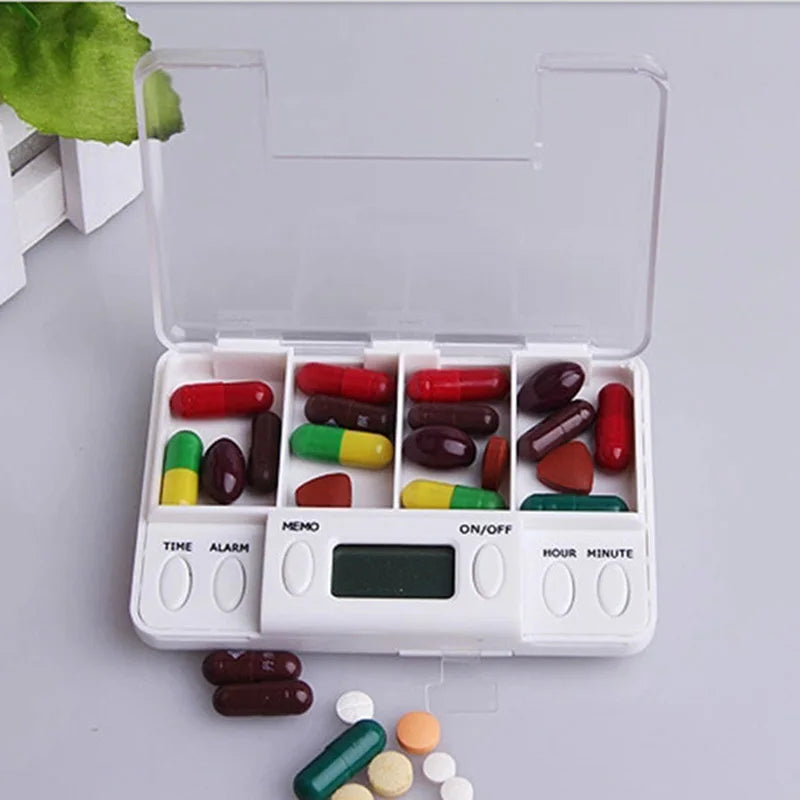 4 Grid pill box medicine Storage Box Electronic Timing Reminder Medicine Boxes Alarm Timer Pills Organizer Pill Drug Container Peaceful Pleasures Health and Wellness