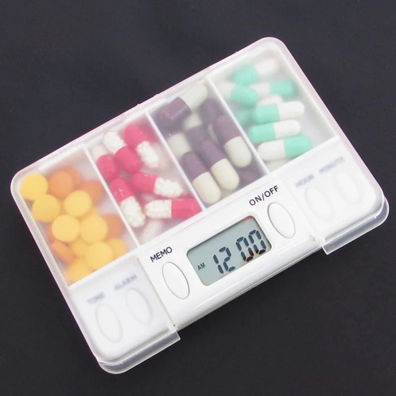 4 Grid pill box medicine Storage Box Electronic Timing Reminder Medicine Boxes Alarm Timer Pills Organizer Pill Drug Container Peaceful Pleasures Health and Wellness