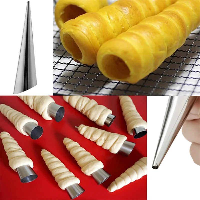 5-Piece Stainless Steel Cream Horn Cone Mold Tubes – Spiral Croissant & Pastry Roll Baking Molds