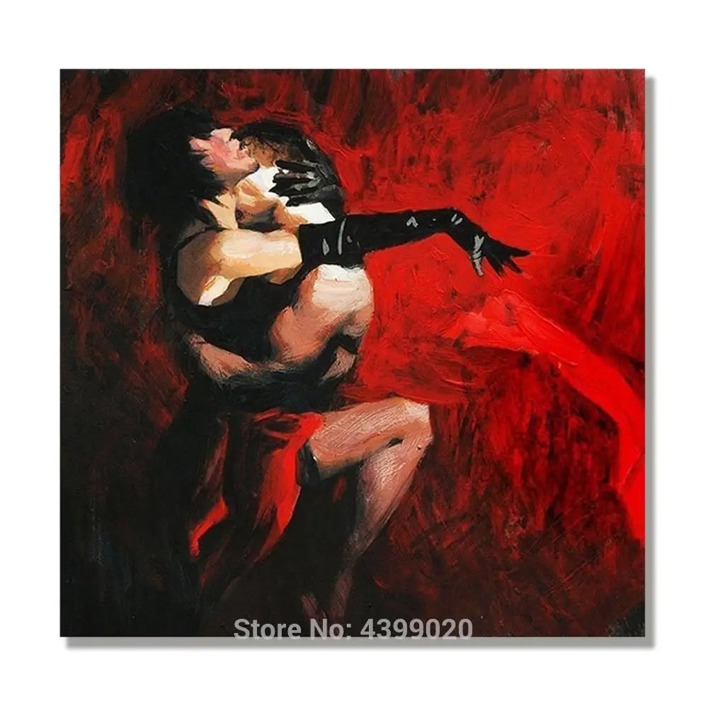 Hand-Painted Dancing Couples Oil Painting | Black & Red Canvas Art