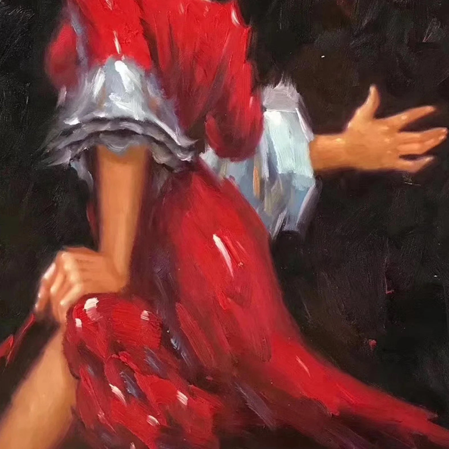On the canvas art impressionist living room wall hangs a beautiful Spanish dancer hand-painted by a girl in red Peaceful Pleasures Health and Wellness