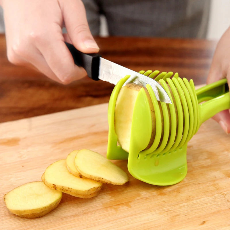 Green Handheld Plastic Potato Cutter Tomato Slicer Shreadders Lemon Cutting Holder Cooking Tools Kitchen Gadgets and Accessories Peaceful Pleasures Health and Wellness