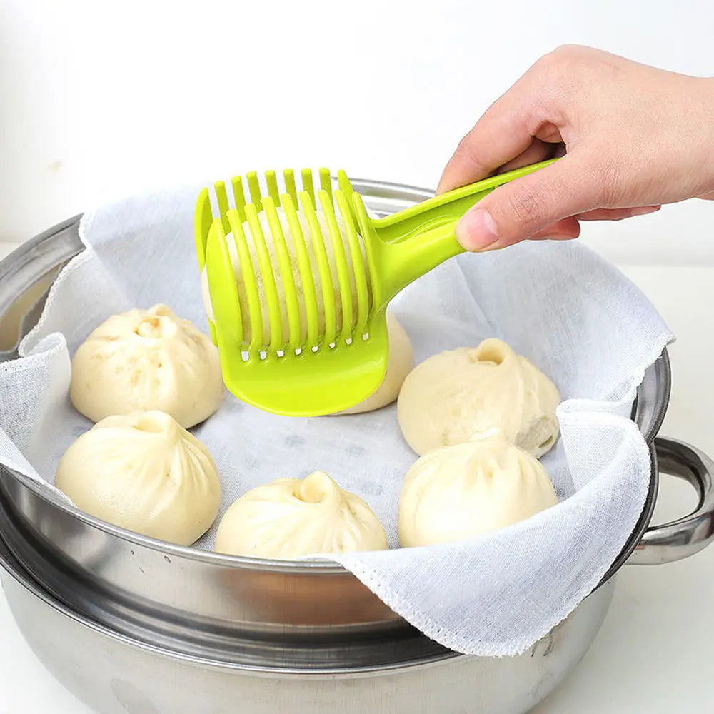 Green Handheld Plastic Potato Cutter Tomato Slicer Shreadders Lemon Cutting Holder Cooking Tools Kitchen Gadgets and Accessories Peaceful Pleasures Health and Wellness