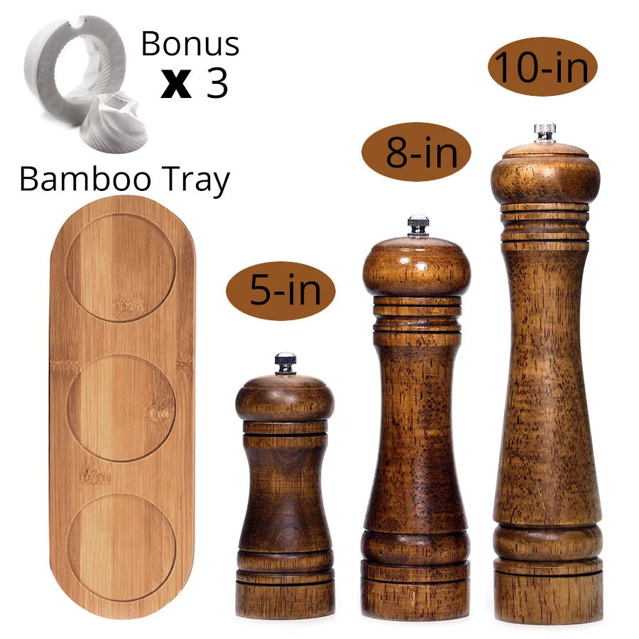 Salt and Pepper Mills, Solid Wood Pepper Mill with Strong Adjustable Ceramic Grinder 5" 8" 10" - Kitchen Tools by Leeseph Peaceful Pleasures Health and Wellness 5 8 10 inch and tray China Mainland