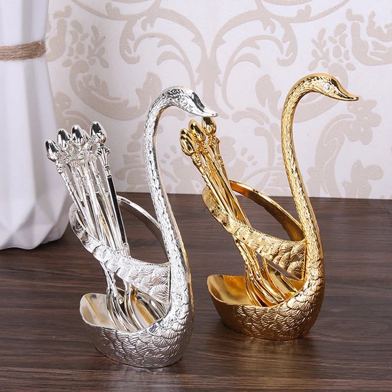 Swan Holder 7-Piece Dessert Fork & Spoon Set – Decorative Tableware for Wedding, Party & Home