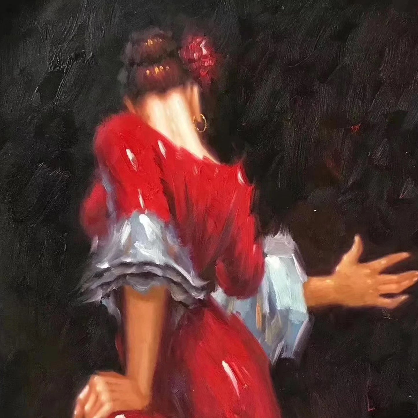 On the canvas art impressionist living room wall hangs a beautiful Spanish dancer hand-painted by a girl in red Peaceful Pleasures Health and Wellness