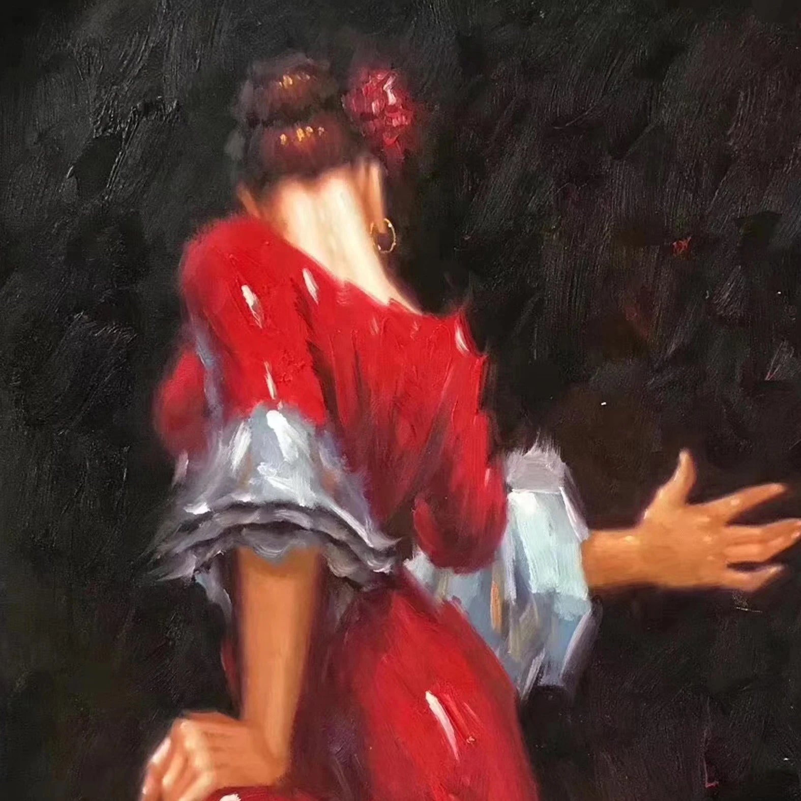 On the canvas art impressionist living room wall hangs a beautiful Spanish dancer hand-painted by a girl in red Peaceful Pleasures Health and Wellness
