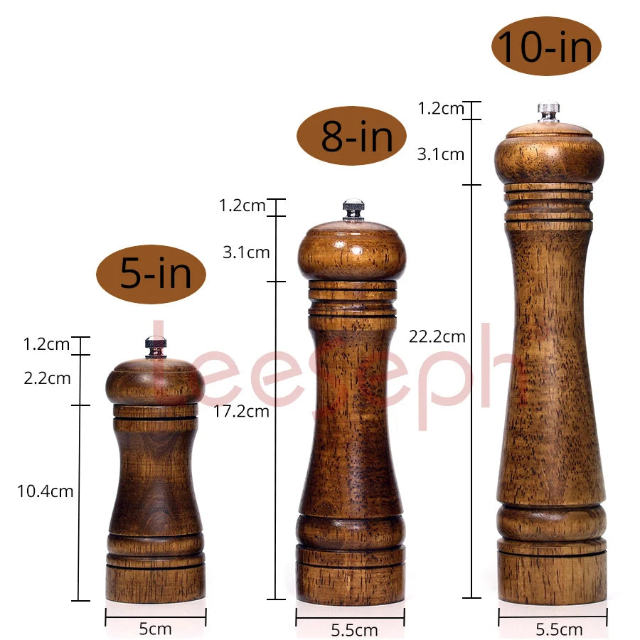 Salt and Pepper Mills, Solid Wood Pepper Mill with Strong Adjustable Ceramic Grinder 5" 8" 10" - Kitchen Tools by Leeseph Peaceful Pleasures Health and Wellness