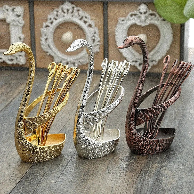 Swan Holder 7-Piece Dessert Fork & Spoon Set – Decorative Tableware for Wedding, Party & Home