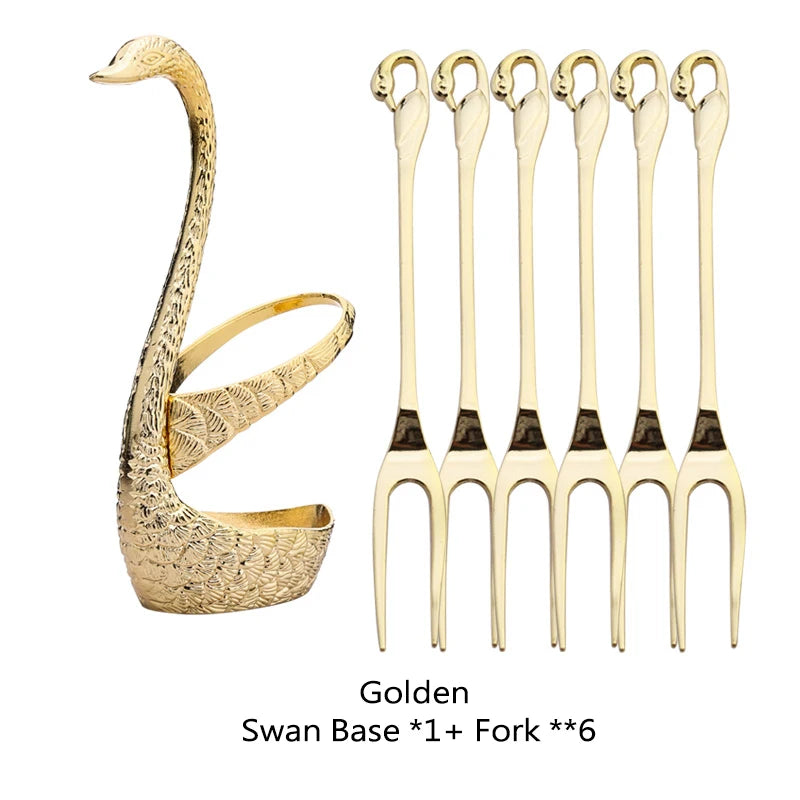 Swan Holder 7-Piece Dessert Fork & Spoon Set – Decorative Tableware for Wedding, Party & Home