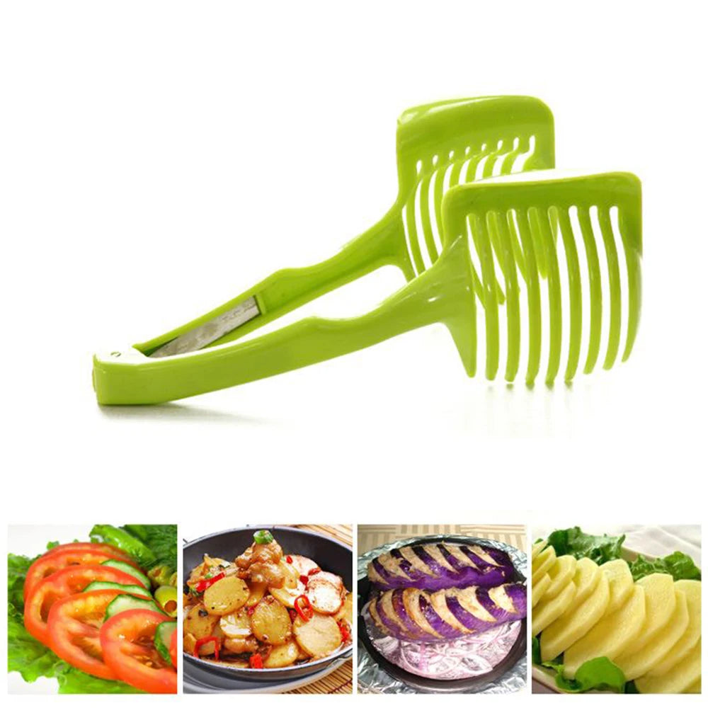 Green Handheld Plastic Potato Cutter Tomato Slicer Shreadders Lemon Cutting Holder Cooking Tools Kitchen Gadgets and Accessories Peaceful Pleasures Health and Wellness