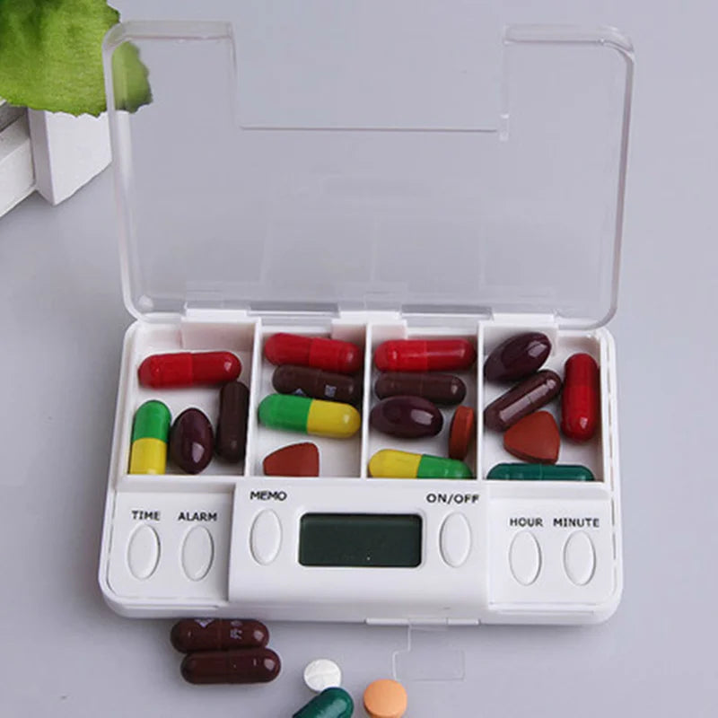 4 Grid pill box medicine Storage Box Electronic Timing Reminder Medicine Boxes Alarm Timer Pills Organizer Pill Drug Container Peaceful Pleasures Health and Wellness
