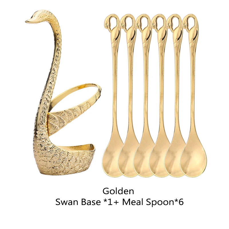 Swan Holder 7-Piece Dessert Fork & Spoon Set – Decorative Tableware for Wedding, Party & Home