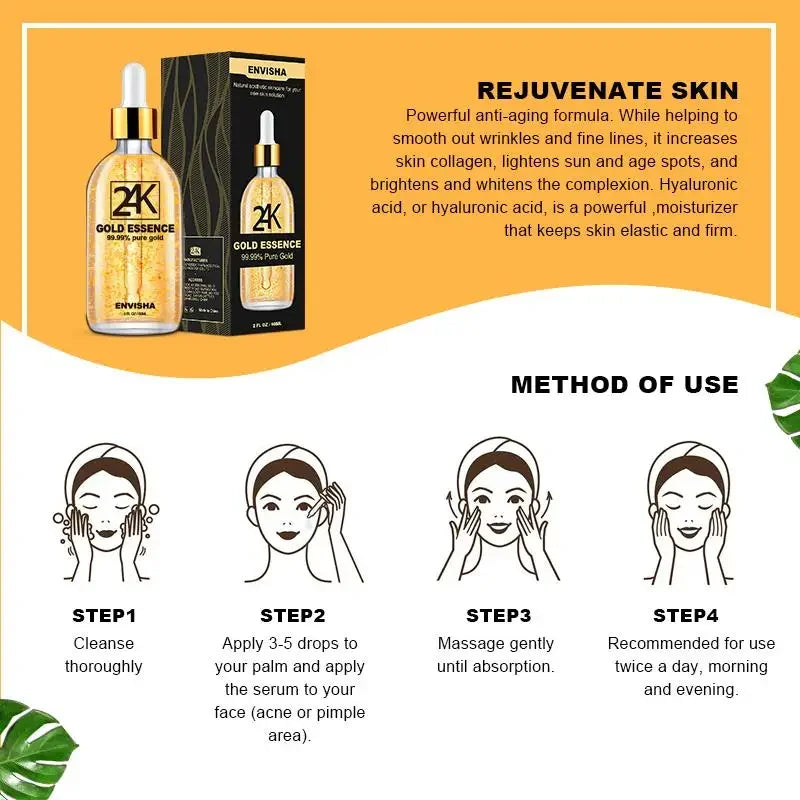 ENVISHA 24K Gold Face Serum – Hyaluronic Acid, Collagen & Anti-Aging 100ml Face Serum Peaceful Pleasures Health and Wellness