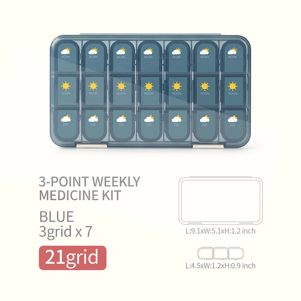 Large Capacity Weekly Pill Box Medicine Dispenser Pill Case Compartment Vitamin Tablet Organizer Storage Box 7 Days Pastillero Peaceful Pleasures Health and Wellness 21 grid Blue