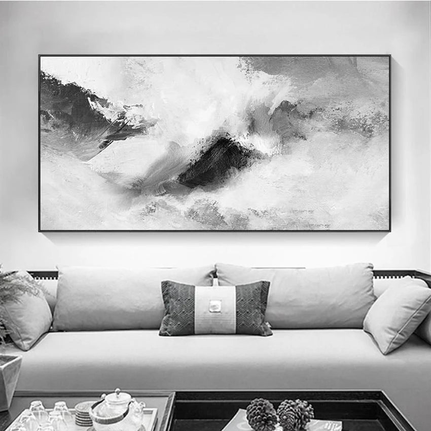 Nordic Modern Simple Living Room Abstract Handmade Oil Painting Sofa Background Wall Bedroom Home Decoration Black-White Poster Peaceful Pleasures Health and Wellness