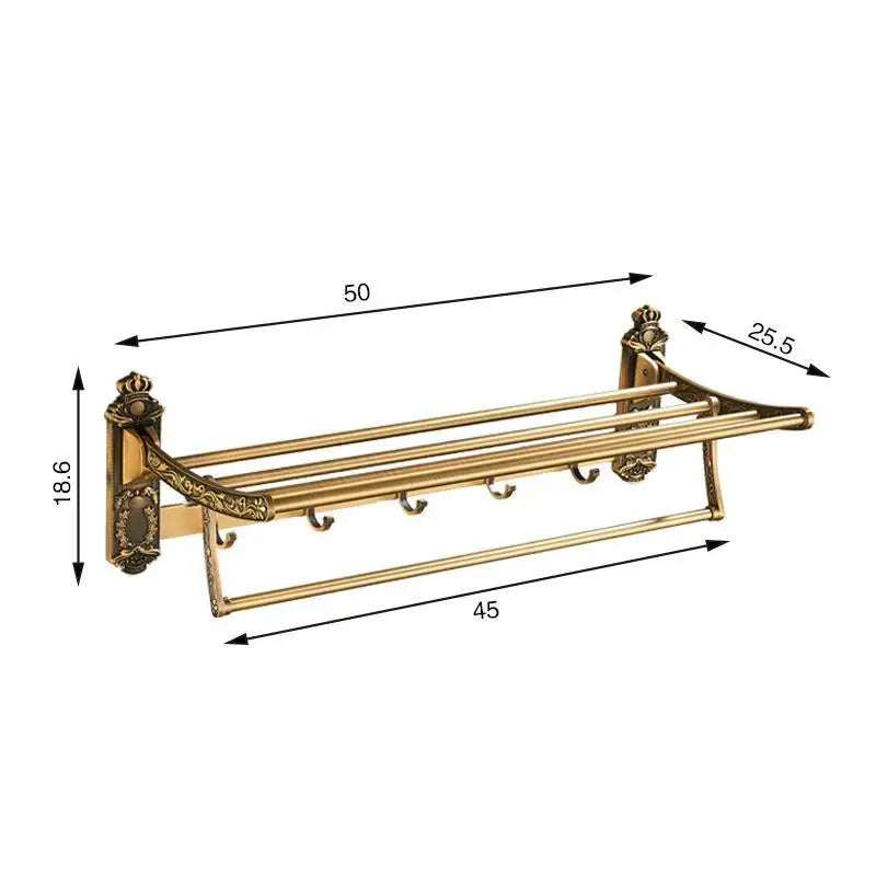 Foldable Antique Brass Aluminum Bath Towel Rack with Hooks